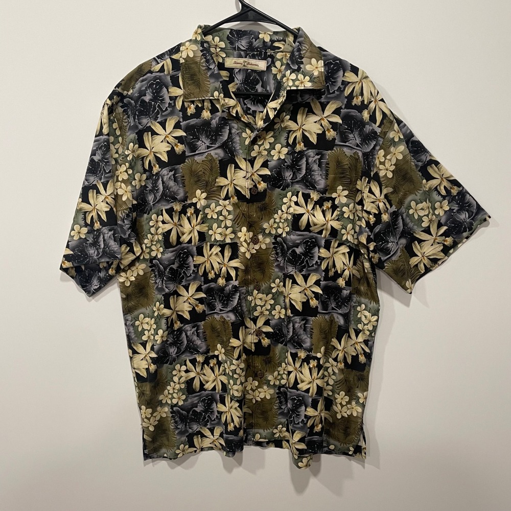 Tommy Bahama Silk Button Down Shirt Floral Tropical Black Green Mens L